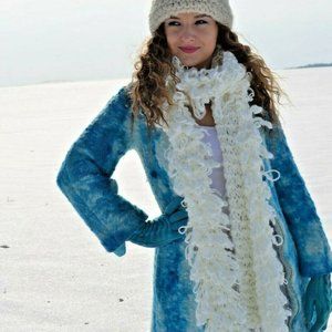 felted wool zipup jacket long pea coat white ivory blue tie dyed 2 4 6 XS small